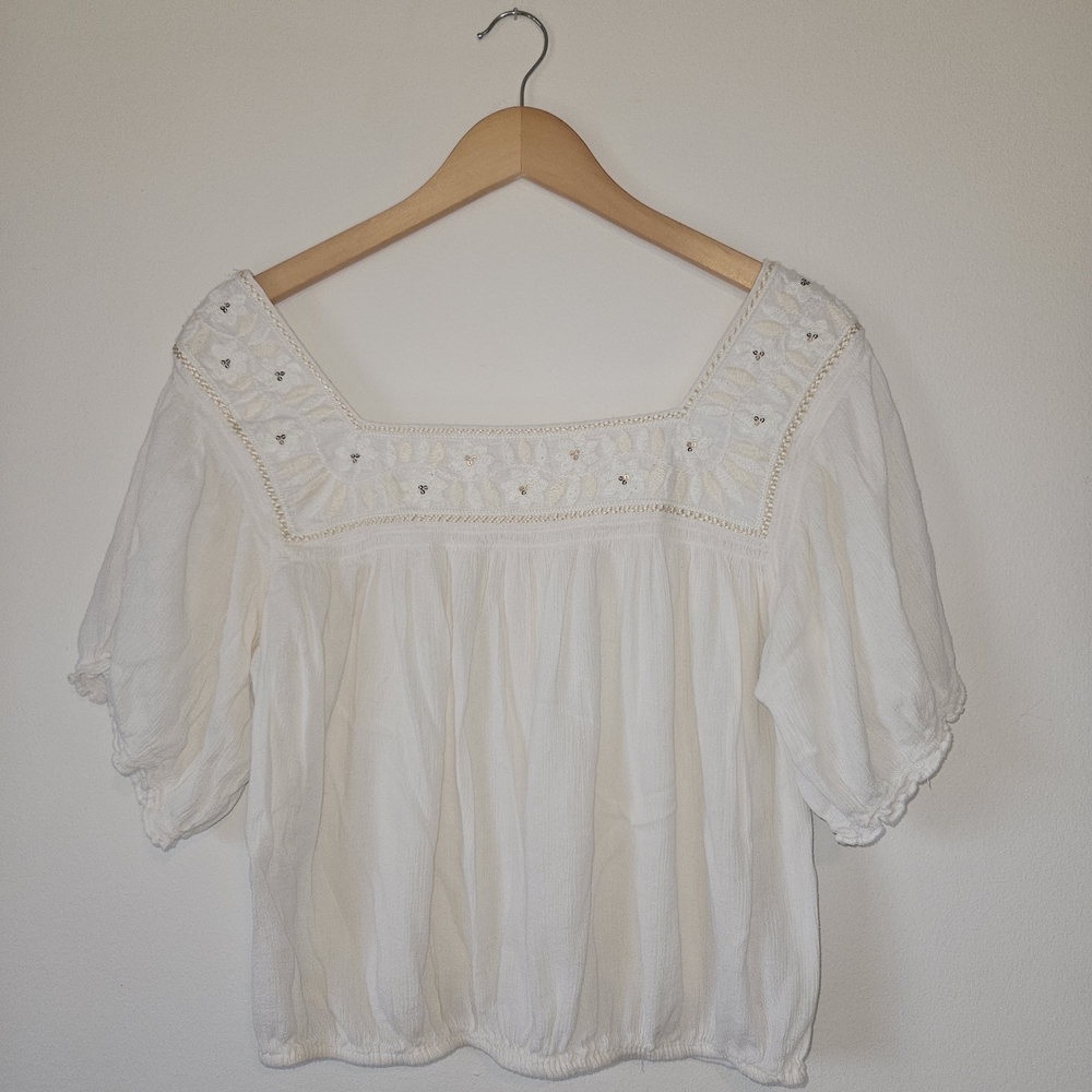 American Eagle Women's Embroidered Prairie Peasant Top Off-White Size L